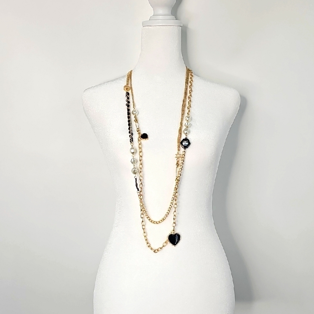 Chico's Long Faux Gold Convertible 2-Layer Chain Necklace w Pearls‎ & Charms